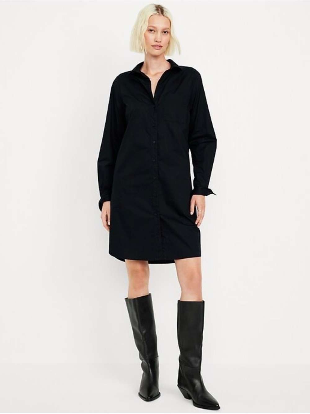 Old Navy Black Long-Sleeve Button Shirt Dress